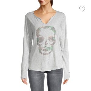 ZADIG and VOLTAIRE Tunisien Camo Strass Skull Sparkle Henley Shirt Top Gray Sz S